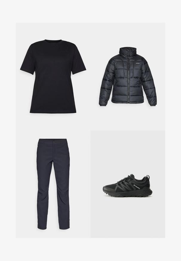 Czarna puchowa kurtka z wysokim kołnierzem, pikowanym wzorem i zamek błyskawiczny z przodu. Posiada dwie boczne kieszenie i elastyczne mankiety.; Czarny krótki rękaw t-shirt wykonany z gładkiej bawełny, z okrągłym dekoltem i subtelnym, wytłoczonym logo po lewej stronie.; Granatowe spodnie wykonane z gładkiego materiału, z zapięciem na guziki z przodu, wąskim kroju oraz detalami w postaci prasowania na kolanach.; Columbia PEAKFREAK czarny