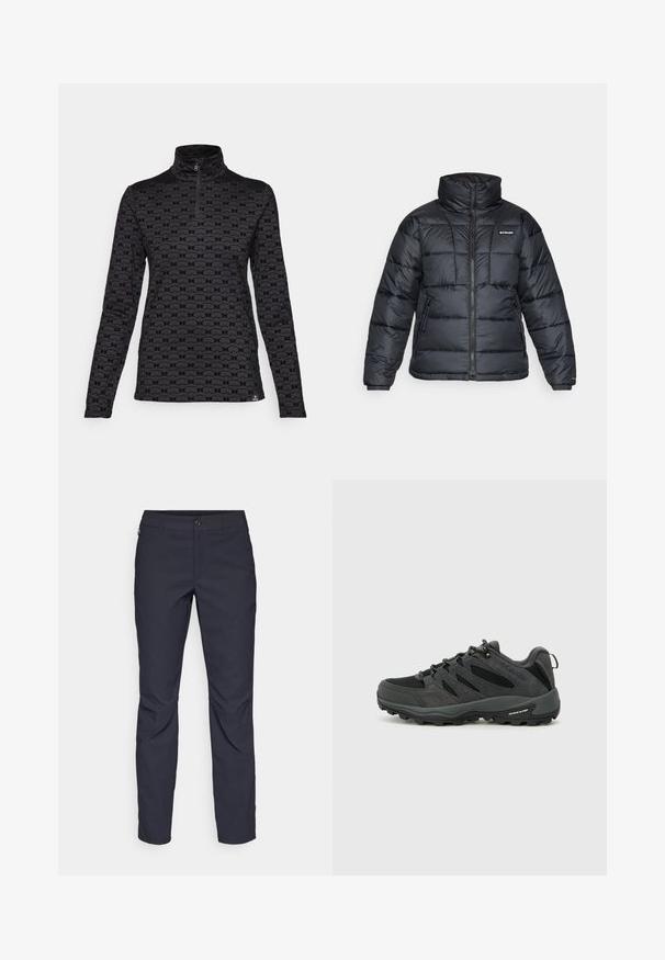 Black puffer jacket with high collar, quilted pattern, and zippered front. Features two side pockets and elastic cuffs.; Bogner Fire + Ice MARGO2 - Long sleeved top - black; Navy blue pants made of smooth fabric, featuring a front button closure, slim-fit design, and creased detailing at the knees.; Columbia REDMOND - Hiking shoes - black/citron haze