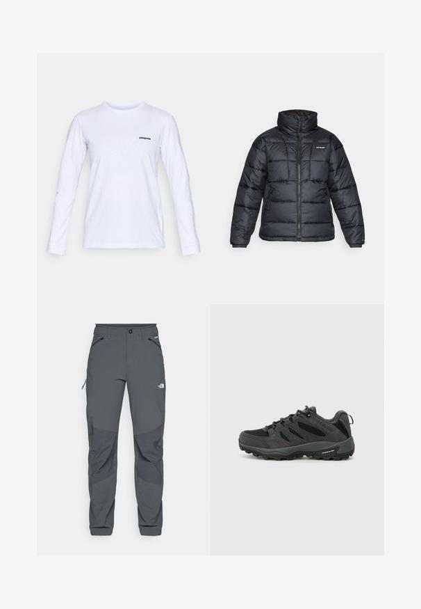 Crna puffa jakna s visokim ovratnikom, kvadratnim uzorkom i zatvaračem sprijeda. Ima dva bočna džepa i elastične manžete.; Duge rukavi bijela pamučna majica s okruglim izrezom i crnim "patagonia" logotipom na lijevoj strani prsnog koša. Glatka tekstura, klasičan kroj.; Tamno sivi vanjski hlače s ojačanim koljenima, patentnim zatvaračem na bočnim i prednjim džepovima, kopčom na dugme i logotipom The North Face na bedru.; Columbia REDMOND - Obuća za pješačenje - black/citron haze
