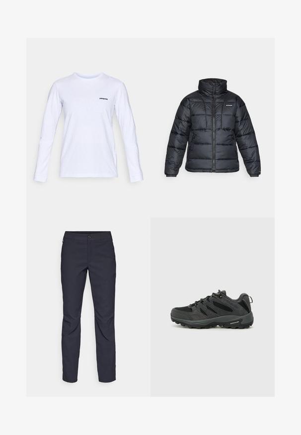 Black puffer jacket with high collar, quilted pattern, and zippered front. Features two side pockets and elastic cuffs.; Long-sleeve white cotton t-shirt with a round neck and black "patagonia" logo on the left chest. Smooth texture, classic fit.; Navy blue pants made of smooth fabric, featuring a front button closure, slim-fit design, and creased detailing at the knees.; Columbia REDMOND - Hiking shoes - black/citron haze
