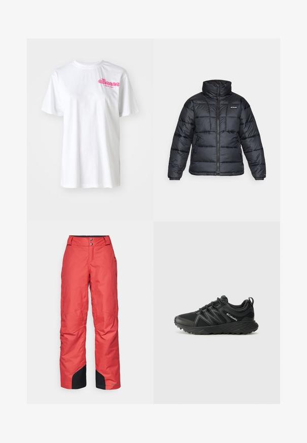 Zwarte pufferjack met hoge kraag, gestikt patroon en rits aan de voorkant. Beschikt over twee zijzakken en elastische manchetten.; Witte katoenen t-shirt met korte mouwen, met een roze "ellesse" logo op de borst. Klassiek ronde hals ontwerp.; Rode sneeuwbroek met een gladde textuur, wijde pijpenontwerp en zwarte accenten bij de boorden. Vastgemaakt met twee knopen bij de taille.; Columbia PEAKFREAK - Outdoorschoenen - black