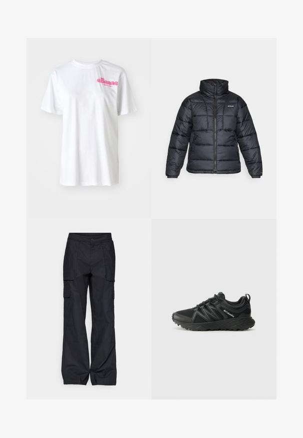 Casaco puffer preto com gola alta, padrão acolchoado e fecho éclair à frente. Apresenta dois bolsos laterais e punhos elásticos.; T-shirt branca de algodão com mangas curtas, apresentando um logo rosa "ellesse" no peito. Design clássico de gola redonda.; Columbia BREA FALLS™ COTTON RIPSTOP PANT - Calças para exterior - black; Columbia PEAKFREAK - Sapatos de caminhada - black