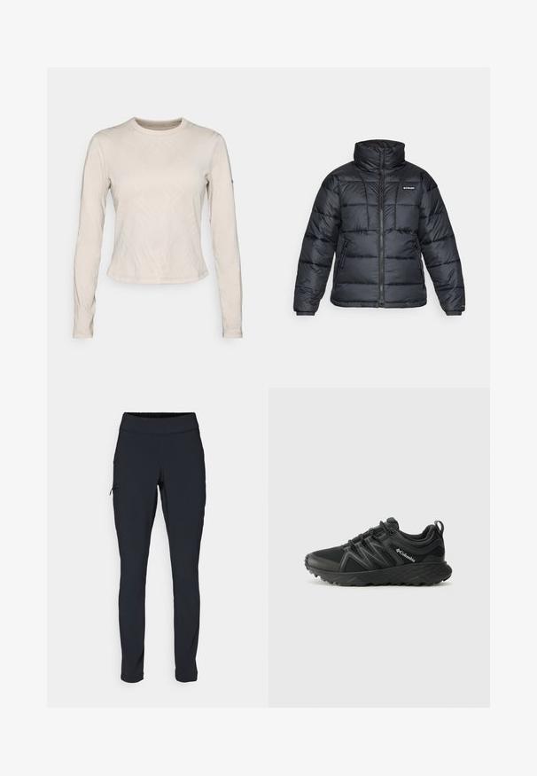 Juodas pūkuotas švarkas su aukštu apykakle, išsiuvinėtu raštu ir užtrauktuku priekyje. Yra dvi šoninės kišenės ir elastingi rankogaliai.; Ilgio rankovės marškinėliai šviesiai smėlio spalvos, su tekstūruotu kryžminiu linijų raštu, apvalia kaklo iškirpte ir aptemptu siluetu.; Juodi sportiniai medvilniniai kelnių modeliai su siauru kirpimu, elastinga juosmens juosta ir šonine kišene su užtrauktuku. Lygus, elastingas audinys su minimaliais siūlės.; Columbia PEAKFREAK - Turistiniai batai - black