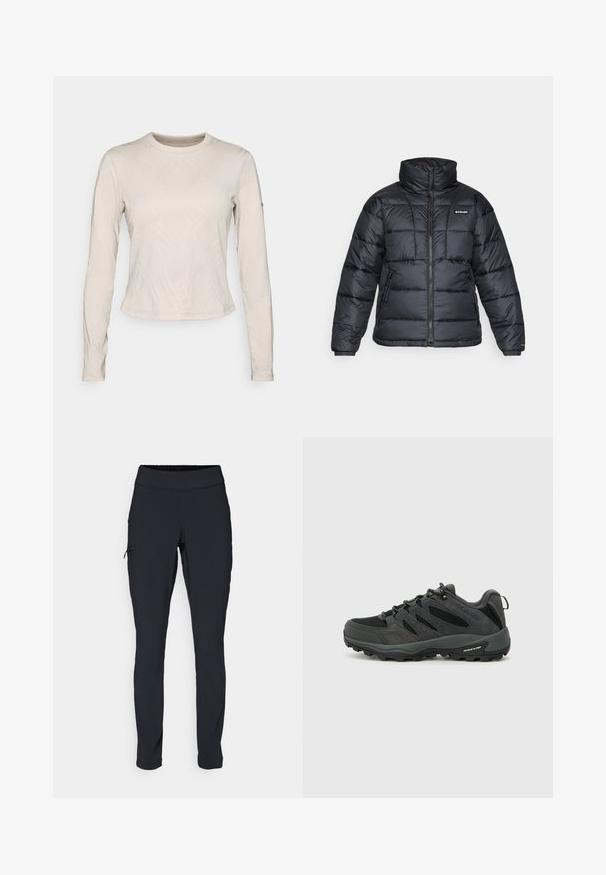 Zwarte pufferjack met hoge kraag, gestikt patroon en rits aan de voorkant. Beschikt over twee zijzakken en elastische manchetten.; Lange mouwen top in een lichtbeige kleur, met een gestructureerd patroon van elkaar kruisende lijnen, ronde halslijn en slim-fit ontwerp.; Zwarte sportbroek met een slim fit, elastische tailleband en een zijzak met rits. Glad, rekbaar materiaal met minimale naden.; Columbia REDMOND - Outdoorschoenen - black/citron haze
