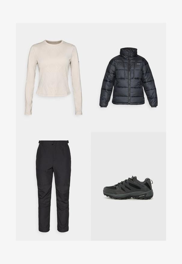 Schwarze Pufferjacke mit hohem Kragen, gestepptem Muster und Reißverschluss vorne. Hat zwei Seitentaschen und elastische Ärmelabschlüsse.; Langärmliges Oberteil in einem hellbeigen Farbton, mit einem strukturierten Muster aus sich kreuzenden Linien, Rundhalsausschnitt und schlanker Passform.; Schwarze Outdoor-Hosen aus leichtem Material, mit glatter Textur, elastischem Bund, Reißverschlusstasche und Einsätzen an den Unterschenkeln.; Columbia REDMOND - Hikingschuh - black/citron haze
