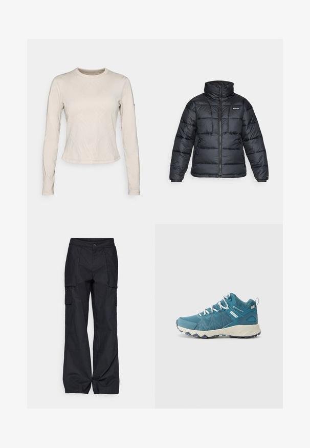 Čierna bundová izolácia s vysokým golierom, prešívaný vzor a zipsovým predným zapínaním. Obsahuje dve bočné vrecká a elastické manžety.; Dlhý rukáv top v svetlo béžovej farbe, s textúrovaným vzorom prekrývajúcich sa línií, okrúhlym výstrihom a tesným strihom.; Columbia BREA FALLS™ COTTON RIPSTOP PANT - Outdoorové nohavice - black; Columbia PEAKFREAK MID - Topánky na chodenie - blue heron/skylight