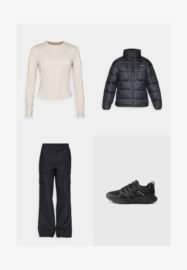 Musternatukamm, millel on kõrge krae, tikitud muster ja tõmblukuga esiosa. Sellel on kaks küljetaskut ja elastsed mansetid.; Kerge beeži värvi pika varrukaga topp, millel on ristuvate joonte tekstuurpattern, ümar kaelus ja slim-fit disain.; Columbia BREA FALLS™ COTTON RIPSTOP PANT - Õuepüksid - black; Columbia PEAKFREAK - Matkajalatsid - black