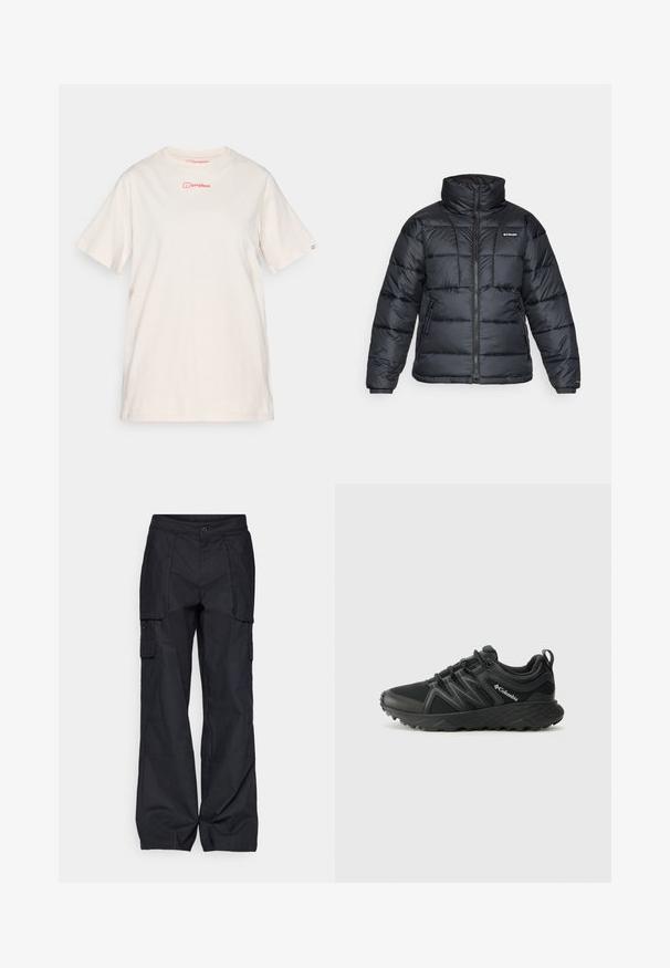 Svart dunjakke med høy krage, kviltet mønster og glidelås foran. Har to sidelommer og elastiske mansjetter.; Kremfarget t-skjorte laget av bomull, med korte ermer, rund hals og en liten rød logo foran og på venstre erme.; Columbia BREA FALLS™ COTTON RIPSTOP PANT - Friluftsbukser - black; Columbia PEAKFREAK - Fjellsko - black