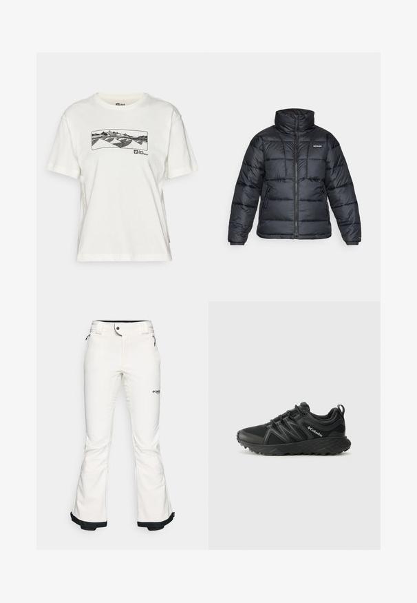 Giubbotto trapuntato nero con collo alto, motivo a cucitura e chiusura con zip. Presenta due tasche laterali e polsini elasticizzati.; T-shirt bianca in cotone con una grafica a linee nere di montagne e colline che attraversa il petto, con un logo visibile sul lato inferiore.; Pantaloni da sci bianchi realizzati in materiale morbido e flessibile. Presentano una vita aderente, gambe ampie e svasate, con rifiniture nere ai polsini. Logo del marchio visibile.; Columbia PEAKFREAK - Scarpa da hiking - black