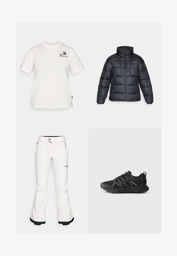 Crna puffa jakna s visokim ovratnikom, kvadratnim uzorkom i zatvaračem sprijeda. Ima dva bočna džepa i elastične manžete.; Jack Wolfskin CADENA - Majica kratkih rukava s printom - white; Bijele skijaške hlače izrađene od mekog, fleksibilnog materijala. Imaju uski struk, široke ispružene nogavice i crne obrube na manžetama. Vidljiv brend logo.; Columbia PEAKFREAK - Obuća za pješačenje - black