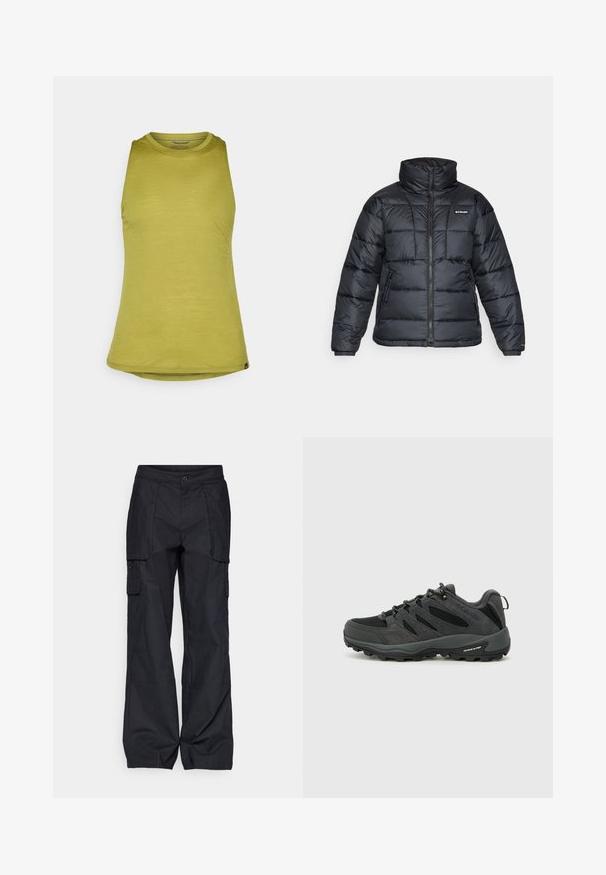 Černá prošívaná bunda s vysokým límcem, prošívaným vzorem a zipovým zapínáním. Obsahuje dvě boční kapsy a elastické manžety.; Olivově zelený top bez rukávů s kulatým výstřihem, vyrobený z hladké látky, s mírně uvolněným střihem a zakřiveným lemem.; Columbia BREA FALLS™ COTTON RIPSTOP PANT - Outdoorové kalhoty - black; Columbia REDMOND - Trekingové boty - black/citron haze