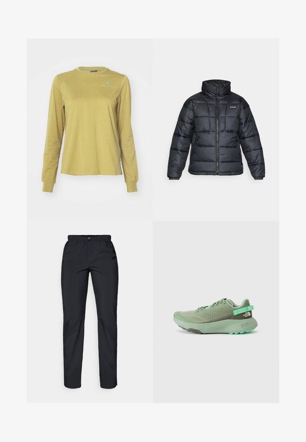 Schwarze Pufferjacke mit hohem Kragen, gestepptem Muster und Reißverschluss vorne. Hat zwei Seitentaschen und elastische Ärmelabschlüsse.; Klättermusen ROOT LOGO TEE - Langarmshirt - meadow green; Schwarze, leichte, wasserabweisende Hose mit elastischem Bund und zwei Seitentaschen; glatte Textur; gerade Beinform.; Grüner Sportschuh mit Mesh-Obermaterial, strukturierten Überzügen und einer dicken Gummisohle. Verfügt über eine Zuglasche und ein Logodetail an der Ferse.