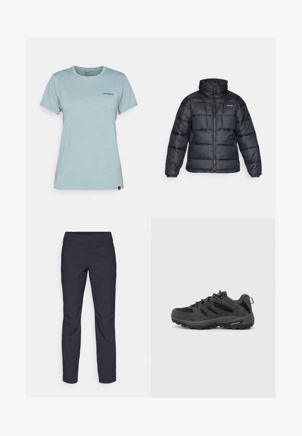 Juodas pūkuotas švarkas su aukštu apykakle, išsiuvinėtu raštu ir užtrauktuku priekyje. Yra dvi šoninės kišenės ir elastingi rankogaliai.; Šviesiai mėlyna trumpa rankovė marškinėliai, pagaminti iš minkštos, kvėpuojančios medžiagos, su mažu tamsiai mėlynu logotipu krūtinėje ir apvalia iškirpte.; Tamsiai mėlynos kelnės, pagamintos iš lygaus audinio, su priekiniais mygtukais, lieknos silueto ir raukšlėmis ant kelių.; Columbia REDMOND - Turistiniai batai - black/citron haze