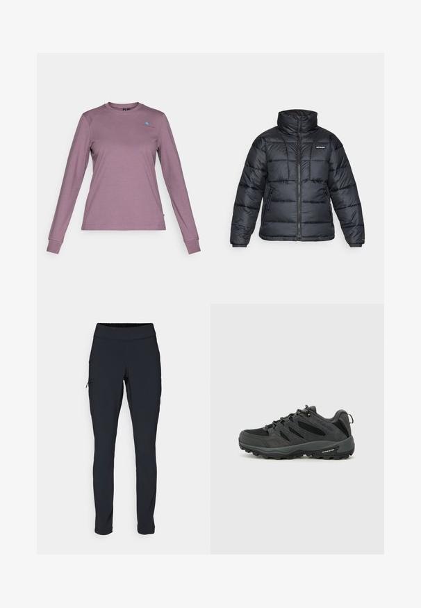 Zwarte pufferjack met hoge kraag, gestikt patroon en rits aan de voorkant. Beschikt over twee zijzakken en elastische manchetten.; Langarmshirt in gedempt lavendel. Gemaakt van zachte stof met een ronde hals, met een klein blauw logo op de borst en aansluitende mouwen.; Zwarte sportbroek met een slim fit, elastische tailleband en een zijzak met rits. Glad, rekbaar materiaal met minimale naden.; Columbia REDMOND - Outdoorschoenen - black/citron haze