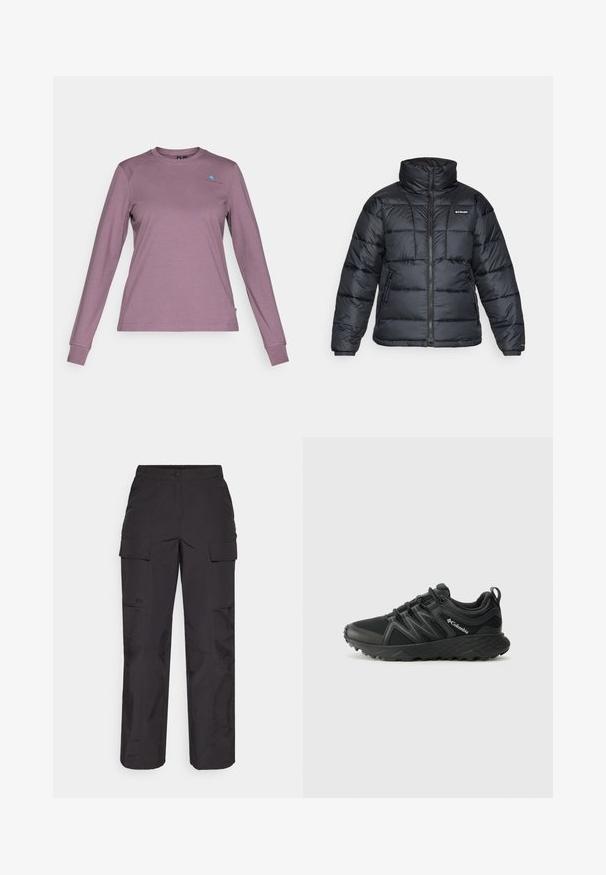 Jachetă pufată neagră cu guler înalt, model matlasat și închidere cu fermoar. Dispune de două buzunare laterale și manșete elastice.; Cămașă cu mâneci lungi într-o nuanță de lavandă pal. Confecționată dintr-un material moale, cu un guler rotund, având un logo mic albastru pe piept și mâneci ajustate.; Pantaloni cargo negri dintr-un material durabil, cu mai multe buzunare laterale, închidere cu nasture și o croială lejeră cu picioare drepte.; Columbia PEAKFREAK - Pantofi drumeție - black