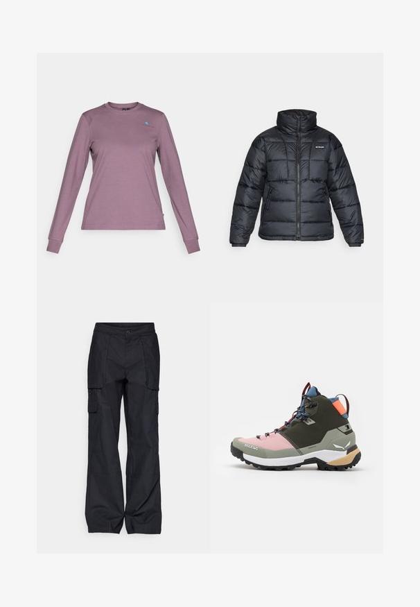 Schwarze Pufferjacke mit hohem Kragen, gestepptem Muster und Reißverschluss vorne. Hat zwei Seitentaschen und elastische Ärmelabschlüsse.; Langarmshirt in gedecktem Lavendel. Aus weichem Stoff mit Rundhalsausschnitt, mit einem kleinen blauen Logo auf der Brust und enganliegenden Ärmeln.; Columbia BREA FALLS™ COTTON RIPSTOP PANT - Outdoor-Hose - black; Salewa PUEZ MID PTX - Hikingschuh - dark olive/shadow