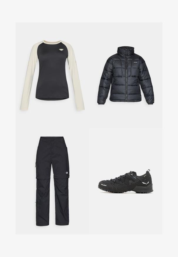 Schwarze Pufferjacke mit hohem Kragen, gestepptem Muster und Reißverschluss vorne. Hat zwei Seitentaschen und elastische Ärmelabschlüsse.; Langarmshirt mit schwarzem Körper und cremefarbenen Ärmeln, mit einem Logo auf der Brust und einem dezenten Akzent an einem Ärmel. Glatte Stofftextur.; Schwarze Nylon-Zip-Off-Cargohosen mit verstellbaren Bündchen, mehreren Taschen und einem Logo am rechten Bein. Glatte, leichte Textur.; Schwarze Wanderschuhe mit einem strukturierten Obermaterial aus Stoff, Schnürsystem und robuster Gummisohle. Akzentuiert mit reflektierenden Details und Logos.