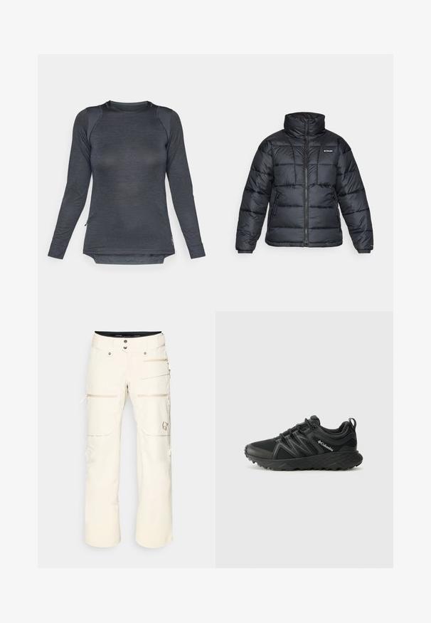 Crna puffa jakna s visokim ovratnikom, kvadratnim uzorkom i zatvaračem sprijeda. Ima dva bočna džepa i elastične manžete.; Majica dugih rukava za sport u tamnosivoj tkanini s teksturiranim dizajnom, zaobljenim izrezom i bočnim prorezima za poboljšanu pokretljivost.; Norrøna LOFOTEN INSULATED PANTS - Skijaške hlače - oatmeal; Columbia PEAKFREAK - Obuća za pješačenje - black