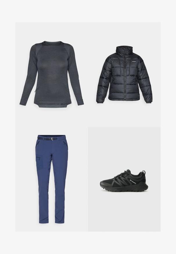 Černá prošívaná bunda s vysokým límcem, prošívaným vzorem a zipovým zapínáním. Obsahuje dvě boční kapsy a elastické manžety.; Dlouhé rukávy sportovního trička ve tmavě šedé látce s texturovaným vzorem, zaoblený výstřih a boční rozparky pro lepší pohyb.; Námořnické modré venkovní kalhoty s přiléhavým střihem, obsahující více kapes, pásek a vyztužené oblasti pro zvýšení odolnosti. Stretchový materiál.; Columbia PEAKFREAK - Trekingové boty - black