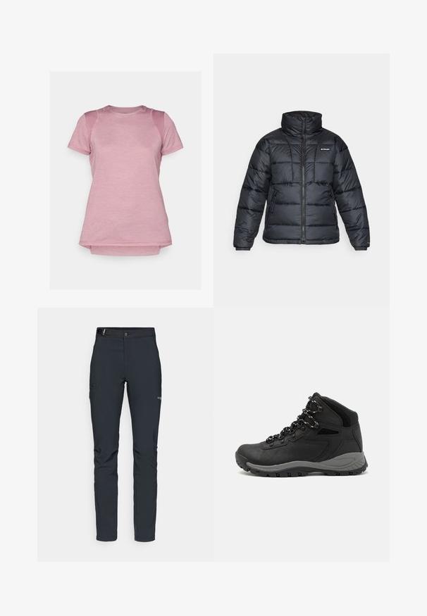 Svart dunjakke med høy krage, kviltet mønster og glidelås foran. Har to sidelommer og elastiske mansjetter.; Kortermet treningt-skjorte i lys rosa, med en glatt tekstur, mesh-skulderdetaljer og avrundet hem.; Herre utendørsbukser, mørkegrå, laget av fleksibelt materiale, med belte, glidelåslommer og forsterkede sømmer.; Sorte turstøvler med mid-topp design, som har en teksturert overdel, grå detaljer og slitesterk gummisåle med godt grep.