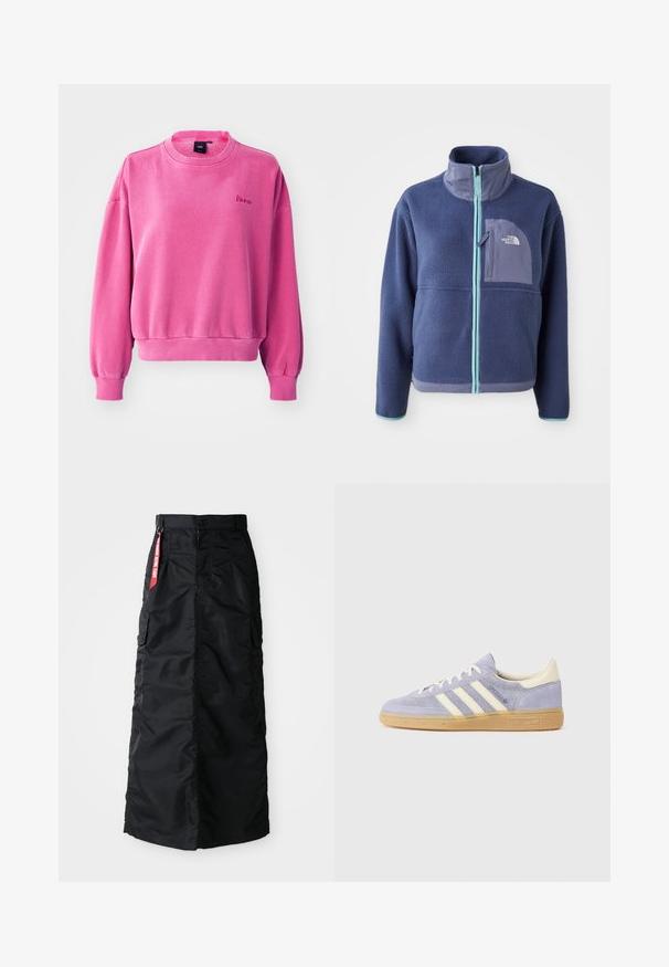 Chaqueta de forro polar en azul marino oscuro con cuello alto, cremallera frontal y detalles en azul claro. Presenta un bolsillo en el pecho con un logo.; Sudadera rosa con cuello redondo, mangas largas y puños de canalé. Presenta una textura suave y un pequeño logotipo bordado en la parte delantera.; Falda larga negra con botones y cremallera en el frente, bolsillos laterales tipo cargo y una etiqueta de tela roja "Retirar antes del vuelo" en la cinturilla.; Zapatillas de ante púrpura con tres rayas blancas, suela de goma y acentos crema en el talón y la lengüeta. Diseño minimalista con detalle de logo.