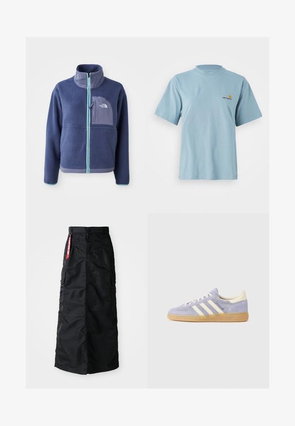 Tamsiai mėlynas vilnos džemperis su aukštu apykakle, priekyje užtrauktuku ir šviesiai mėlynomis detalėmis. Yra krūtinės kišenė su logotipo detale.; Mėlynos spalvos trumpomis rankovėmis medvilninis marškinėliai su apvaliu kaklu ir mažuoju geltonu bei raudonu Carhartt logotipu kairiajame krūtinės šone.; Juoda ilga sijonas su priekiniais sagčių ir užtrauktuku, šoniniais cargo kišenėmis ir raudonu audinio žymekliu "Pašalinti prieš skrydį" ant liemens.; Violet suede sportbačiai su trimis baltais dryžiais, guminėmis padais ir kreminės spalvos akcentais ant kulno ir liežuvėlio. Minimalistinis dizainas su logotipo detale.