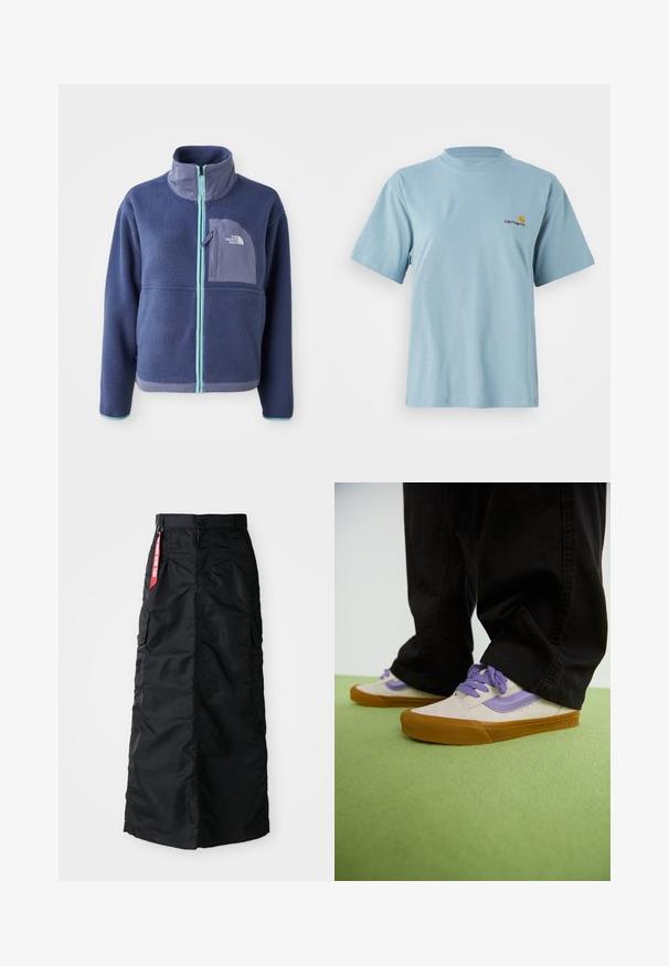 Tumedast meresinine fliistriik, millel on kõrge kaelus, esine zipper ja helesinised aktsendid. Omab rinna taskut logode detailiga.; Hele sinine lühikeste varrukatega puuvillane T-särk ümmarguse kaelusega ja vasakul rinnal väike kollane ja punane Carhartti logo.; Must muströöm muströöm koos esise nupu ja tõmblukuga, külgmiste cargo-kottidega ning punase "Eemalda enne lendu" kangast sildiga vöökohtadel.; Kergedbeežid tossud lilla aktsendiga, kummist talla ja lamepaelaga. Kantud mustade pükstega, eksponeeritud rohelisel tekstureeritud pinnal.