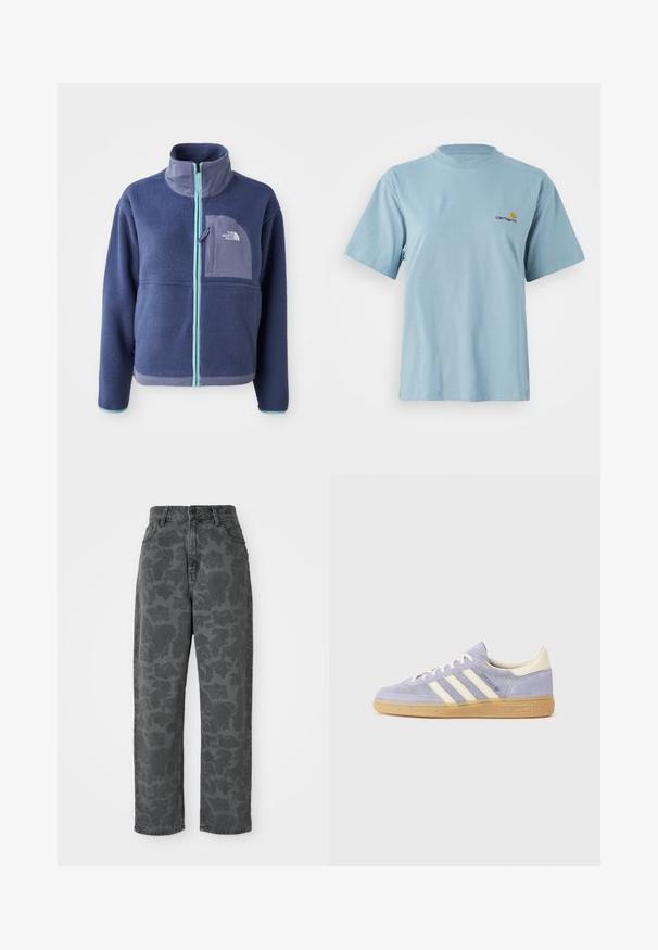 Fleecejakke i mørk marineblå med høy krage, frontglidelås og lyseblå detaljer. Har en brystlomme med logodetalj.; Lyseblå kortermet bomull T-skjorte med rund hals og liten Carhartt-logo i gul og rød på venstre bryst.; Grå denimjeans med blomstermønster, høy midje, rette ben, og klassisk fem-lomme-design. Holdbart stoff med en lett tekstur.; Lilla semsket snikere med tre hvite striper, gummisåle og kremfargede detaljer på hælen og tungen. Minimalistisk design med logodetalj.