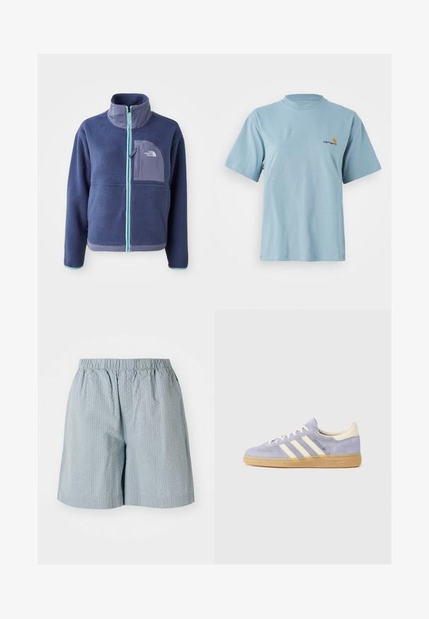 Fleecejakke i mørk marineblå med høj krave, frontlynlås og lyseblå detaljer. Har en brystlomme med logo.; Lysblå kortærmet bomulds t-shirt med rund hals og lille gult og rødt Carhartt-logo på venstre bryst.; Lysblå, teksturerede shorts med elastisk talje, der har en afslappet pasform og ingen synlige lommer eller metaldele.; Lilla ruskindsneaker med tre hvide striber, gummisål og cremefarvede detaljer ved hælen og tungen. Minimalistisk design med logodetalje.