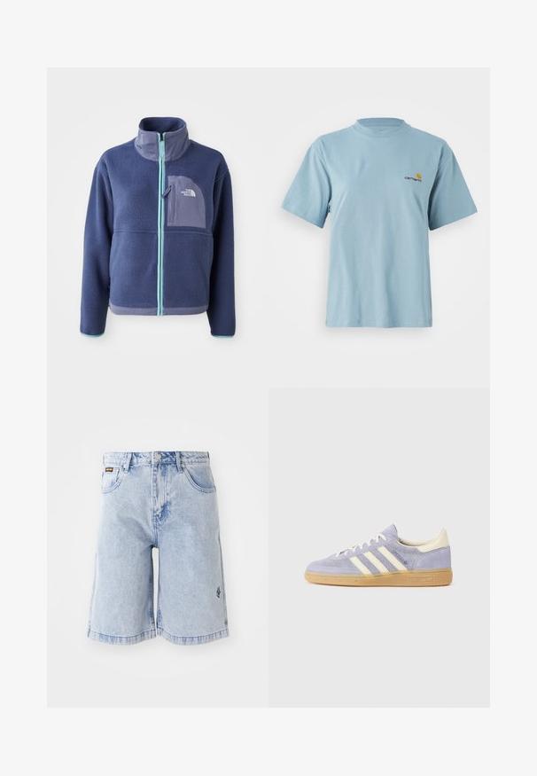Veste en polaire bleu marine foncé avec un col montant, fermeture éclair à l'avant et accents bleu clair. Présente une poche poitrine avec un détail logo.; T-shirt en coton bleu clair à manches courtes avec col rond et petit logo Carhartt jaune et rouge sur la poitrine gauche.; Shorts en denim bleu clair avec une taille haute, une coupe ample et des poches avant. Coutures décoratives et logo de la marque brodé sur le côté.; Baskets en daim violet avec trois rayures blanches, semelle en gomme et accents crème au talon et à la languette. Design minimaliste avec détail de logo.
