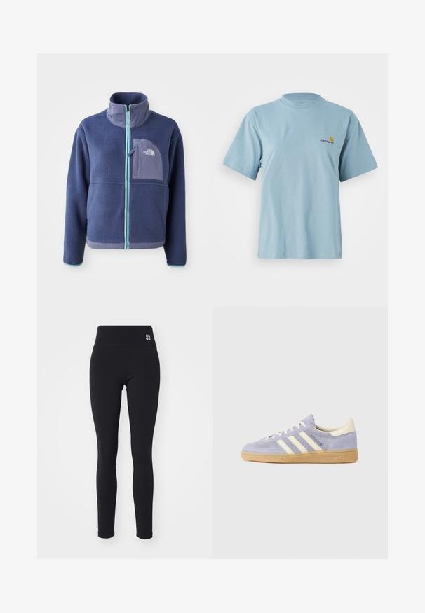Bluza polarowa w ciemnym granacie z wysokim kołnierzem, przednim zamkiem i jasnoniebieskimi akcentami. Posiada kieszeń na piersi z detalem logo.; Jasnoniebieska bawełniana koszulka z krótkim rękawem, okrągłym dekoltem i małym logo Carhartt w kolorze żółtym i czerwonym na lewej piersi.; Czarne legginsy wykonane z elastycznego materiału, z wysokim stanem i małym białym logo "HUGO" po boku. Gładka tekstura, dopasowany krój.; Fioletowe zamszowe sneakersy z trzema białymi paskami, gumową podeszwą i kremowymi akcentami na pięcie oraz języku. Minimalistyczny design z detalem logo.