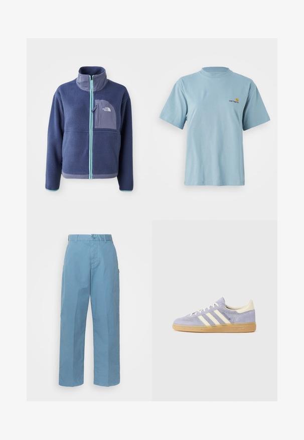 Plyšová bunda v tmavom námorníckom svete s vysokým golierom, predným zipsom a svetlomodrými akcentmi. Obsahuje náprsné vrecko s detailom loga.; Svetlomodré tričko s krátkym rukávom z bavlny s okrúhlym výstrihom a malým žltým a červeným logom Carhartt na ľavej hrudi.; Svetlomodré bavlnené nohavice so strihom rovného nohavicového strihu, s gombíkovým zapínaním, pútkami na opasok a jemnou textúrou.; Fialové semišové tenisky s tromi bielymi pruhmi, gumovou podrážkou a krémovými akcentmi na podpätku a jazyku. Minimalistický dizajn s logom.