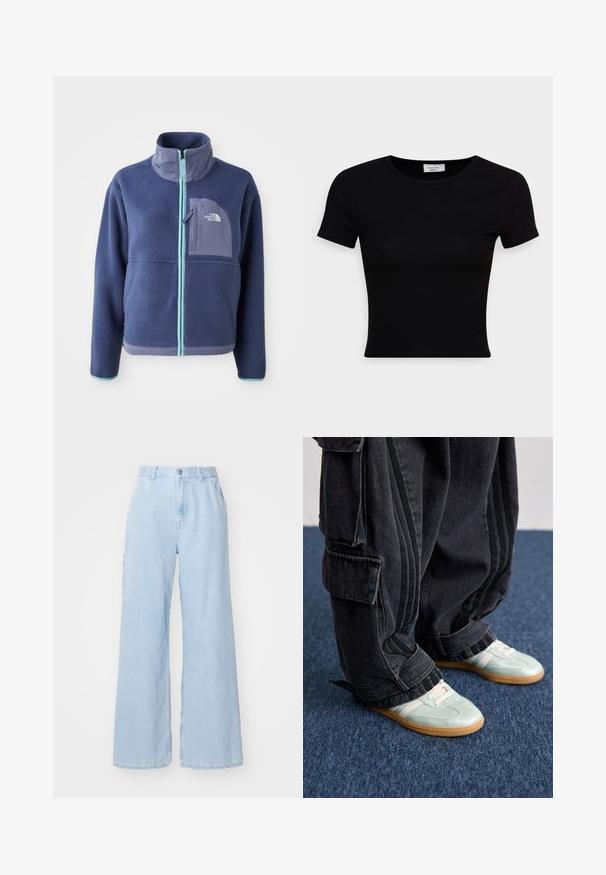 Giacca in fleece di un blu navy scuro con colletto alto, zip frontale e dettagli azzurri. Presenta una tasca sul petto con logo.; T-shirt nera a maniche corte realizzata in morbido cotone, con scollatura rotonda e vestibilità aderente. Minimalista, senza pattern visibili.; Jeans larghi di colore azzurro chiaro realizzati in denim, dotati di tasche frontali, passanti per cintura e chiusura con bottone. Texture piatta e finitura pulita.; Sneakers verde menta con dettagli bianchi, abbinati a pantaloni cargo neri larghi con tasche laterali e dettagli in strisce nere.