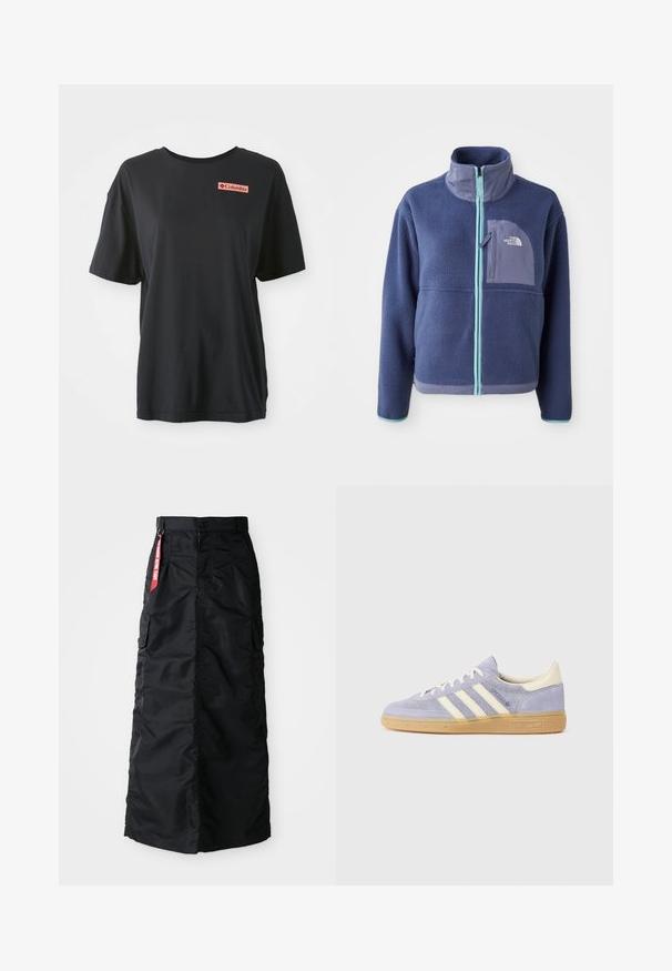 Fleecejakke i mørk marineblå med høj krave, frontlynlås og lyseblå detaljer. Har en brystlomme med logo.; Sort bomulds T-shirt med korte ærmer, afslappet pasform, og et rødt rektangulært logo på venstre bryst. Glat tekstur og enkelt design.; Sort lang nederdel med frontknap og lynlås, sidelommer, og et rødt "Remove Before Flight" stofmærke på taljen.; Lilla ruskindsneaker med tre hvide striber, gummisål og cremefarvede detaljer ved hælen og tungen. Minimalistisk design med logodetalje.