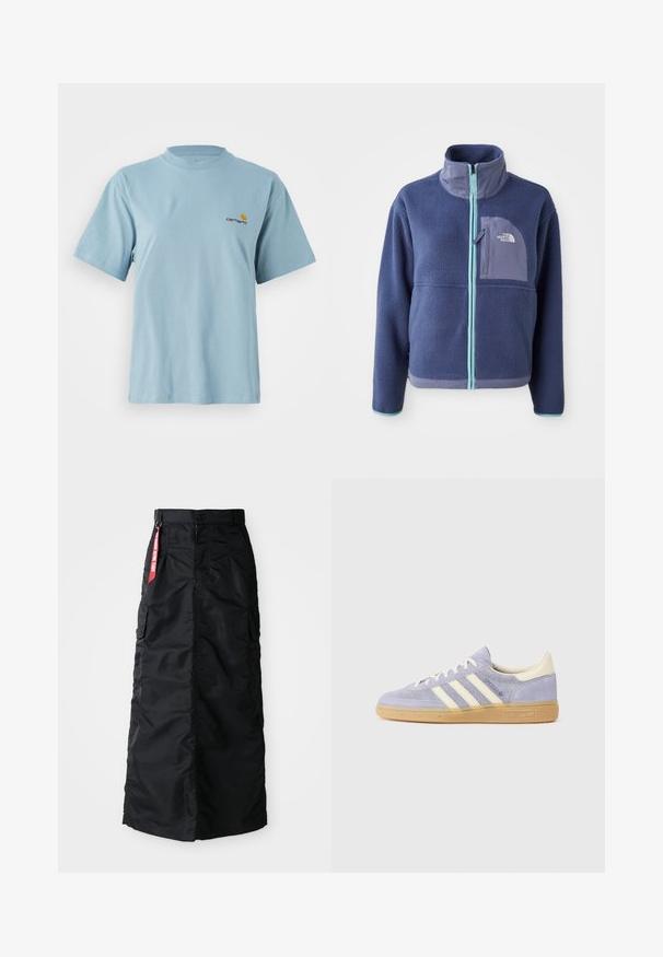 Veste en polaire bleu marine foncé avec un col montant, fermeture éclair à l'avant et accents bleu clair. Présente une poche poitrine avec un détail logo.; T-shirt en coton bleu clair à manches courtes avec col rond et petit logo Carhartt jaune et rouge sur la poitrine gauche.; Jupe longue noire avec bouton et fermeture éclair à l'avant, poches cargo latérales et une étiquette en tissu rouge "Remove Before Flight" sur la taille.; Baskets en daim violet avec trois rayures blanches, semelle en gomme et accents crème au talon et à la languette. Design minimaliste avec détail de logo.