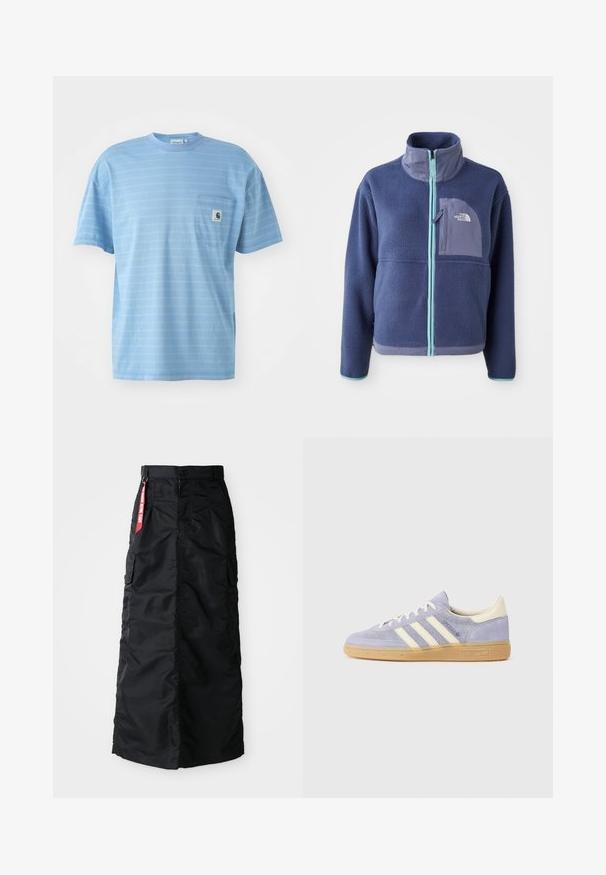 Fleecejakke i mørk marineblå med høj krave, frontlynlås og lyseblå detaljer. Har en brystlomme med logo.; Lysblå, kortærmet t-shirt med horisontale striber. Har en brystlomme med et logo-patch. Lavet af blødt bomuldsstof.; Sort lang nederdel med frontknap og lynlås, sidelommer, og et rødt "Remove Before Flight" stofmærke på taljen.; Lilla ruskindsneaker med tre hvide striber, gummisål og cremefarvede detaljer ved hælen og tungen. Minimalistisk design med logodetalje.