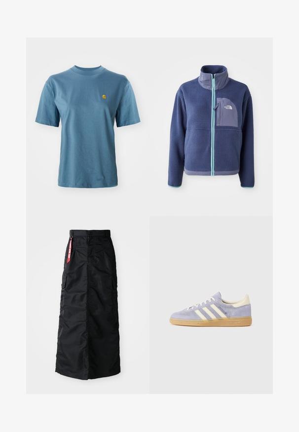 Plyšová bunda v tmavom námorníckom svete s vysokým golierom, predným zipsom a svetlomodrými akcentmi. Obsahuje náprsné vrecko s detailom loga.; Svetlomodré bavlnené tričko s krátkymi rukávmi a rebrovaným okrúhlym výstrihom. Na ľavej strane hrude sa nachádza malá žltá značka ako dekorácia.; Čierna dlhá sukňa s predným gombíkom a zipsom, bočnými cargo vreckami a červeným textilným štítkom "Remove Before Flight" na páse.; Fialové semišové tenisky s tromi bielymi pruhmi, gumovou podrážkou a krémovými akcentmi na podpätku a jazyku. Minimalistický dizajn s logom.