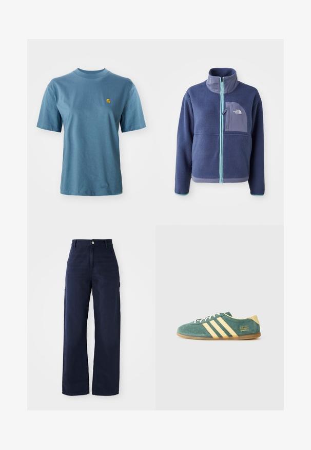 Fleece jacket in dark navy with a high collar, front zipper, and light blue accents. Features a chest pocket with logo detail.; Light blue cotton t-shirt with short sleeves and ribbed crew neck. Features a small yellow logo on the left chest for detail.; Navy blue wide-leg cargo pants with a sturdy cotton fabric, featuring side pockets and a button closure at the waist.; Green suede shoe with yellow accents and three stripes. Rounded toe, flat rubber sole, and prominent brand logo on the side.