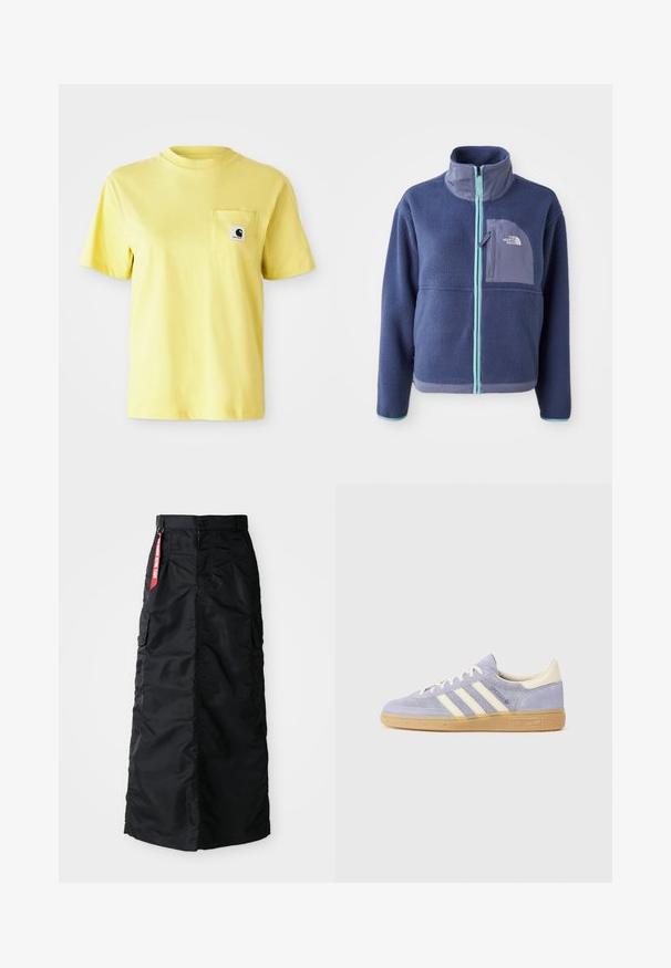 Casaco de fleece em azul marinho escuro com colarinho alto, fecho à frente e detalhes em azul claro. Apresenta um bolso no peito com detalhe de logotipo.; T-shirt de algodão amarelo com mangas curtas, gola redonda e um bolso frontal com um patch de logotipo preto. Textura suave, design casual.; Saia longa preta com botão frontal e zipper, bolsos cargo laterais, e uma etiqueta de tecido vermelha "Remover Antes do Voo" na cintura.; Sneaker de camurça roxa com três riscas brancas, sola de borracha goma e detalhes em creme no calcanhar e na língua. Design minimalista com detalhe do logótipo.