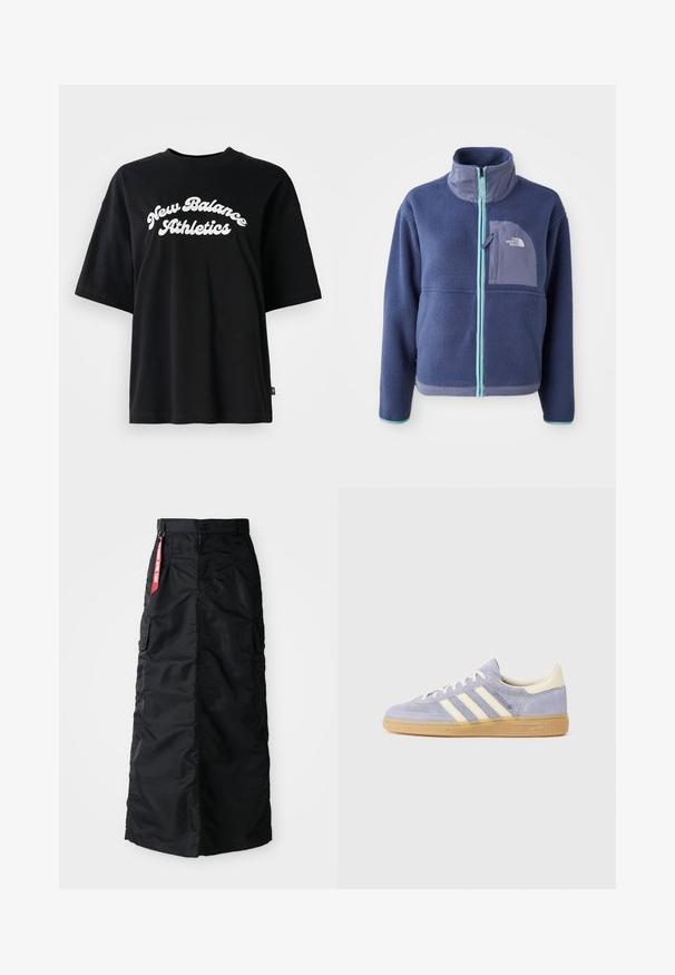 Fleece jacket in dark navy with a high collar, front zipper, and light blue accents. Features a chest pocket with logo detail.; Black cotton T-shirt with short sleeves and a round neck, featuring white text "New Balance Athletics" in a curved design.; Black long skirt with front button and zipper, side cargo pockets, and a red "Remove Before Flight" fabric tag on the waistband.; Purple suede sneaker with three white stripes, rubber gum sole, and cream accents at the heel and tongue. Minimalist design with logo detail.