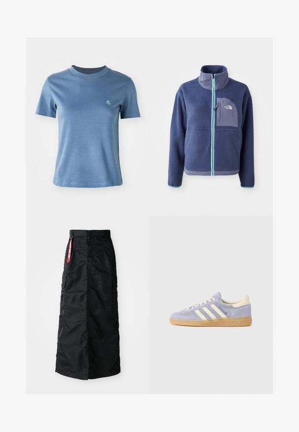 Flis jakna u tamnoplavoj boji s visokim ovratnikom, prednjim patent zipperom i svijetloplavim detaljima. Ima džep na prsima s logotipom.; Svijetloplavi kratki rukav T-shirt s okruglim izrezom, s malim bijelim logotipom na lijevoj strani prsnog koša, na jednostavnoj bijeloj pozadini.; Crna duga suknja s prednjim dugmetom i zatvaračem, bočnim cargo džepovima i crvenom oznakom "Uklonite prije leta" na struku.; Ljubičaste suede tenisice s tri bijele pruge, gumeni potplat u boji gume i kremasti naglasci na peti i jeziku. Minimalistički dizajn s detaljem loga.