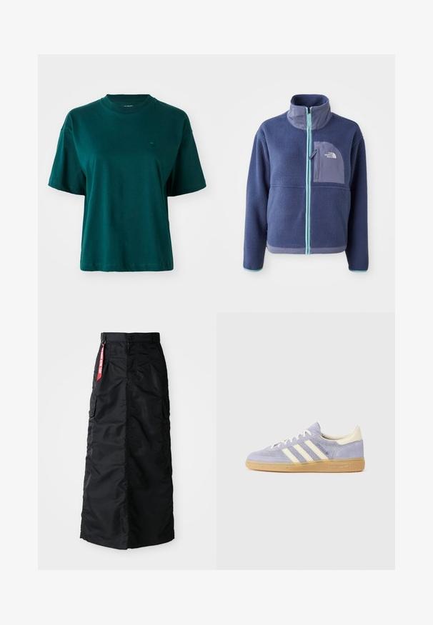 Plyšová bunda v tmavom námorníckom svete s vysokým golierom, predným zipsom a svetlomodrými akcentmi. Obsahuje náprsné vrecko s detailom loga.; Tmavo zelené tričko s krátkym rukávom vyrobené z bavlny, s okrúhlym výstrihom a malým logom na ľavej strane hrude. Jednoduchý dizajn.; Čierna dlhá sukňa s predným gombíkom a zipsom, bočnými cargo vreckami a červeným textilným štítkom "Remove Before Flight" na páse.; Fialové semišové tenisky s tromi bielymi pruhmi, gumovou podrážkou a krémovými akcentmi na podpätku a jazyku. Minimalistický dizajn s logom.