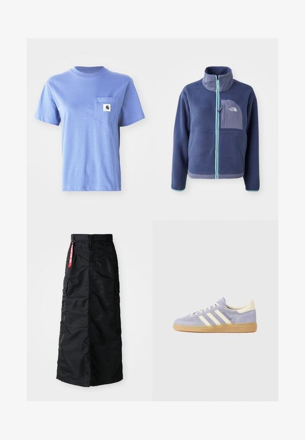 Fleecejakke i mørk marineblå med høy krage, frontglidelås og lyseblå detaljer. Har en brystlomme med logodetalj.; Lys blå bomull t-skjorte med rund hals, korte ermer, brystlomme og en liten logo-lapp på lommen.; Svart lang skjørt med knapp og glidelås foran, sidelommer fra cargo-stil, og en rød "Remove Before Flight" textilplakett på midjen.; Lilla semsket snikere med tre hvite striper, gummisåle og kremfargede detaljer på hælen og tungen. Minimalistisk design med logodetalj.