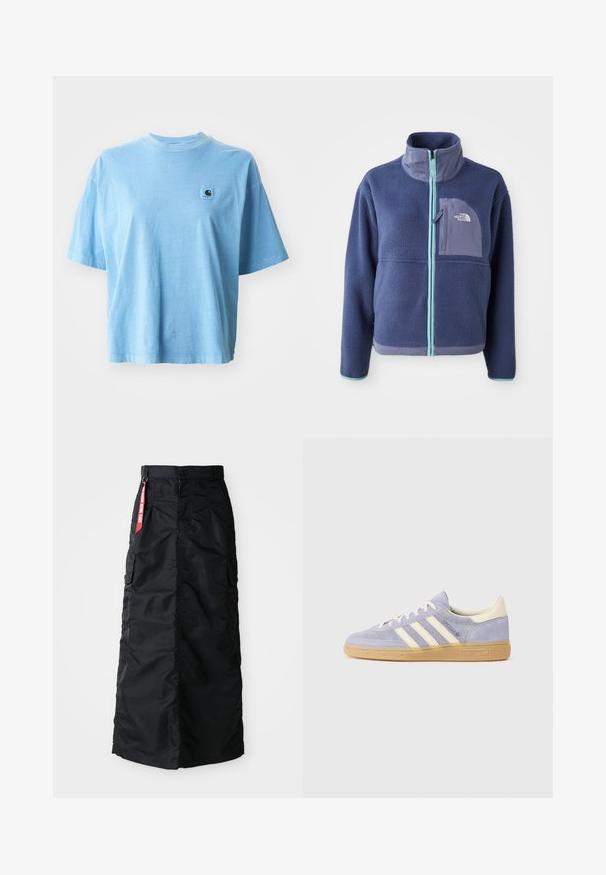 Fleece-takki tummansinisenä, jossa on korkea kaulus, etuvetoketju ja vaaleansiniset yksityiskohdat. Sisältää rintataskun, jossa on logoyksityiskohta.; Vaaleansininen puuvillainen t-paita, jossa on pyöreä kaula-aukko, lyhyet hihat ja neliölogo-merkki vasemmassa rinnassa. Pehmeä materiaali ja rento malli.; Musta pitkä hame, jossa on etuvivut ja vetoketju, sivupakkaustaskut sekä punainen "Poista ennen lentoa" -kangastunniste vyötäröllä.; Violetti samettikangaslenkkarit, joissa on kolme valkoista raitaa, kuminen pohja ja kermaiset yksityiskohdat kantapäässä ja kielessä. Minimalistinen muotoilu logotatilla.