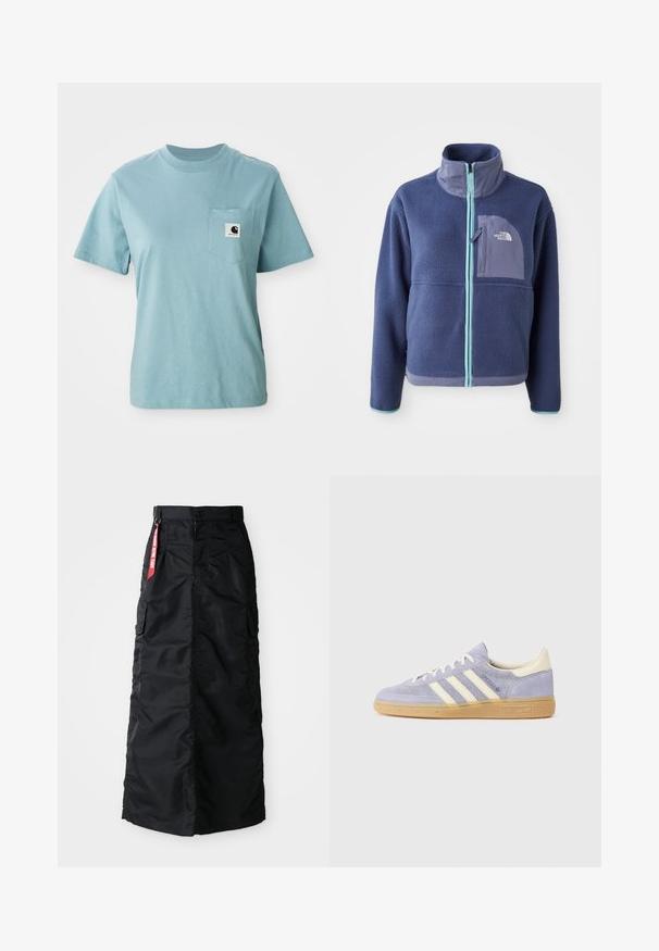 Fleece bunda v tmavě námořnické barvě s vysokým límcem, předním zipem a světle modrými akcenty. Obsahuje náprsní kapsu s logem.; Svetle modré tričko s krátkým rukávem z bavlny, s kapsou na hrudi, na které je malá nášivka černo-bílého loga Carhartt.; Černá dlouhá sukně s předním zapínáním na knoflíky a zip, bočními cargo kapsami a červeným textilním štítkem "Remove Before Flight" na pase.; Fialové semišové tenisky se třemi bílými pruhy, gumovou podrážkou a krémovými akcenty na patě a jazyku. Minimalistický design s detailem loga.