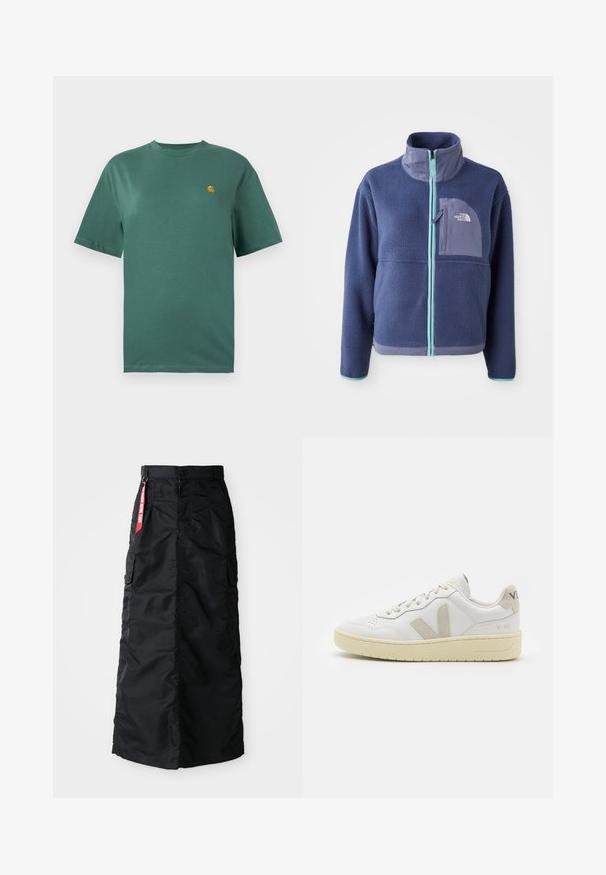 Tumši jūras zila flīsa jaka ar augstu apkakli, priekšējo rāvējslēdzēju un gaiši ziliem akcentiem. Satur krūškurvja kabatu ar logo detaļu.; Tirkīza krāsas kokvilnas T-krekls ar īsām piedurknēm, apaļu kakla izgriezumu un mazu dzeltenu logo kreisajā krūtī. Gluda tekstūra un brīva piegriezte.; Melna gara svārku ar priekšējo pogu un rāvējslēdzēju, sānu kabatām un sarkanu auduma etiķeti "Noņemt pirms lidojuma" uz jostas.; Baltas ādas sporta apavu pāris ar bēšiem zamša akcentiem, caurumiņu purngalā, plakanu šņorēšanu un teksturētu krēmkrāsas zoli. Iezīmējas ar diskrētu zīmolu uz papēža.