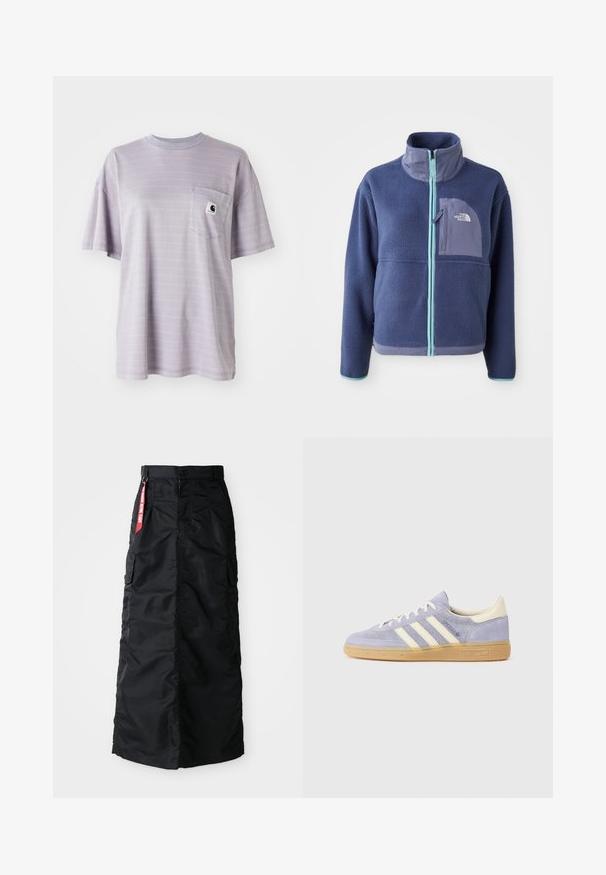Fleece jacket in dark navy with a high collar, front zipper, and light blue accents. Features a chest pocket with logo detail.; Light purple short-sleeve t-shirt featuring subtle horizontal stripes and a chest pocket with a small brand logo. Soft cotton fabric.; Black long skirt with front button and zipper, side cargo pockets, and a red "Remove Before Flight" fabric tag on the waistband.; Purple suede sneaker with three white stripes, rubber gum sole, and cream accents at the heel and tongue. Minimalist design with logo detail.