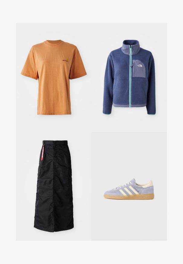 Jakna iz flisa temno mornarsko modre barve z visokim ovratnikom, sprednjim zadrgo in svetlo modrimi detajli. Vključuje žep na prsih z logotipom.; Majica s kratkimi rokavi in okroglim izrezom v zamolčani oranžni barvi iz bombaža, z majhnim vezenim logotipom v temno rdeči barvi na levi prsni strani.; Dolga črna krila z sprednjim gumbom in zadrgo, stranskimi cargo žepi ter rdečo oznako "Odstrani pred poletom" na pasu.; Lila semiša športna obutev s tremi belimi črtami, gumijastim podplatom in kremnimi detajli na peti in jeziku. Minimalističen dizajn z logotipom.