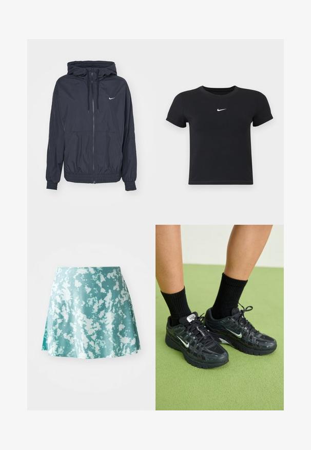 Musta Nike-tuulenpitäjätakki, jossa on vetoketjulla varustettu etuosa, kiristettävä huppu, elastiset hihansuut ja sivutaskut, joissa on hillitty logo rinnassa.; Mustat lyhyet hihattomat t-paidat, jotka on valmistettu puuvillasta ja joissa on pyöreä pääntie. Sisältää valkoisen Nike-logon rinnassa, yksinkertainen muotoilu ja kapea leikkaus.; Vihreä mintunvärinen skater-hame, jossa on valkoinen roiske-kuvio, valmistettu kevyestä kankaasta. Hameessa on hieman levenevä muoto ja sivuaukko.; Mustat Nike-tennarit, joissa on verkko- ja synteettisiä päällysteitä, heijastavat yksityiskohdat, pehmustettu pohja ja mustat ribatut sukat.