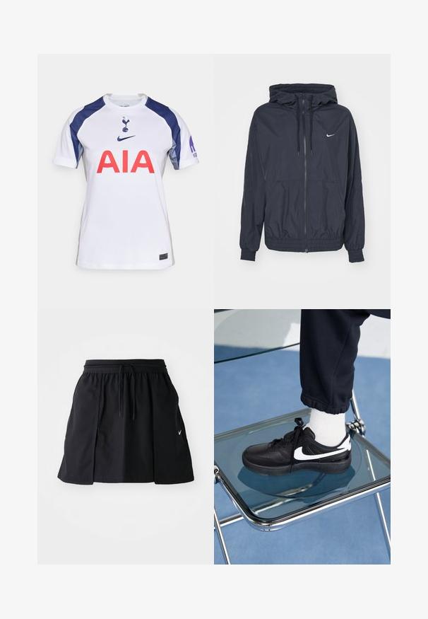 Černá větrovka Nike se zapínáním na zip vpředu, kapucí se stahovací šňůrkou, pružnými manžetami a postranními kapsami, s nenápadným logem na hrudi.; Bílé fotbalové tričko s krátkým rukávem a námořnickými akcenty, se zaobleným výstřihem, velkým červeným logem "AIA" a znakem týmu na hrudi.; Černá sportovní sukně s elastickým pasem a nastavitelné šňůrkou. Má boční rozdělení, lehký materiál a malé logo na lemu.; Černé tenisky Nike s bílými akcenty, s hladkou koženou texturou, šněrovacím designem a zaoblenou špičkou, umístěné na skleněné židli.